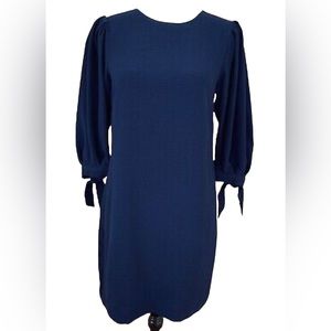 🍁Fall Trend Alert🍁H&M Navy Shift Dress Pleated Puff Sleeve & wrist Tie Sz 4